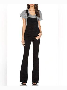 Paige Tavie Black Denim Flare Leg Overalls Size 29 Side Zip Slim Fit Minimalist